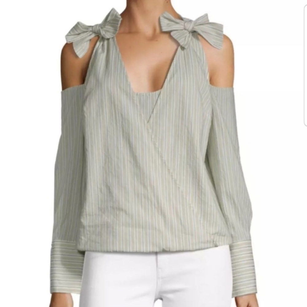 BCBG Cadee Striped Bow Shoulder Surplice Wrap Top Green Cream Stripe Small